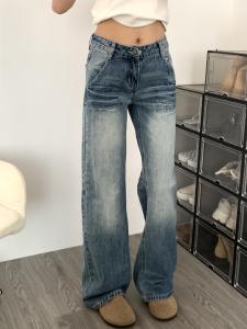 American Retro High เอว พรางหุ่น ขาตรง กางเกงยีนส์ ผู้หญิง หลวม ลำลอง High Street Wide Leg กางเกง Blue Washed เดนิม