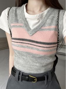 ฤดูใบไม้ผลิ ฤดูใบไม้ร่วง ถักคอวีสไตล์วิทยาลัย เสื้อกั๊ก ผู้หญิง สั้น แขนกุด เสื้อท่อนบน เลเยอร์ ดีไซน์ หลากหลาย เสื้อแจ๊กเก็ตแฟชั่น