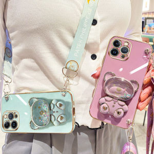 YBD Phone Case with Makeup Mirror for Huawei, Infinix Tecno Pova, OPPO & Electroplated Quicksand Love Bear Bracket