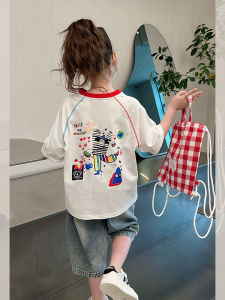 Áo Thun Cotton Trắng Tay Rộng Rãi Cho Bé Gái Mùa Hè 2025 Phong Cách Hàn Quốc Thoáng Khí Cổ Tròn in Họa Tiết