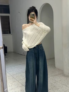 Korean Style Loose Hollow out Knitwear Womens Autumn Textured Side Neck Bared Pure Desire Versatile Unique Top