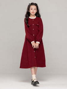 ชุดเดรสยาวรัดเอวผ้ากำมะหยี่สีแดง ชุดเด็กผู้หญิง ชุดแฟชั่นฤดูใบไม้ร่วง/ฤดูหนาว ชุดเด็กผู้หญิง ชุดเด็กผู้หญิงขนาดใหญ่ ชุดเด็กผู้หญิงวัยกลางคน