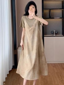 Elegant Summer Casual Long Dress Womens Loose Fit Strapless Fake Two-Piece Gown A-Line Skirt Short Sleeve Pure Color