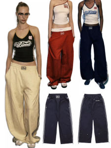 Quần Ống Rộng Thể Thao Thêu Mỹ Cổ Điển Rộng Rãi Bằng Vải Cotton Cạp Cao Dài Thường Ngày Cho Nữ