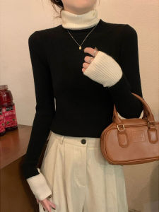 Design Fashion High Neck Color Block Thickened Lamb Wool Knit Top