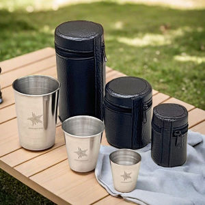 WORTHBUY ชุดแก้วสแตนเลส 4 ชิ้น/ชุด พร้อมกล่อง สำหรับเดินทาง พกพาสะดวก แก้วมินิสำหรับวิสกี้ ไวน์ ชุดเครื่องดื่ม ขนาด 30/70/170 มล.