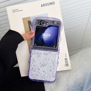 3D Wave Drip Glue Glitter Star Sequins Fold Clear Case For Samsung Galaxy Z Flip 7 6 5 4 3 Cute Arc Curly Edge Shockproof Cover