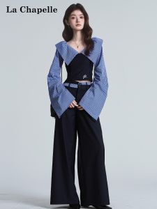 La Chapelle | Off-Shoulder Striped Shirt and Wide Leg Pants Set