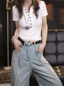 plus Size Slim Fit Short Sleeve T-Shirt Women Summer Unique Half Open Collar Button American Hot Girl Style Fashionable Casual Top