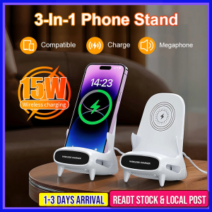 15W Fast Wireless Charger Stand With Built-in Speaker & Phone Holder - Multi-functional Qi-Compatible White (15W/10W/7.5W) for iPhone/Samsung/Android