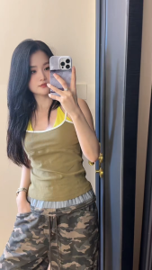 Áo hai dây giả cổ điển Mỹ dành cho nữ mùa hè kiểu dáng mới ôm vừa vặn màu nâu nhạt