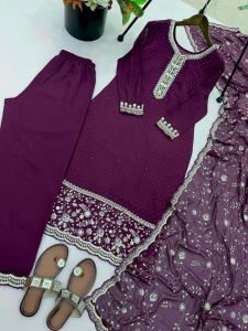 [PRE-ORDER] 2026 JULY PURPLE EMBROIDERED PALAZO KURTA SET WITH HEAVY DUPATTA M TO 2XL ( DELIVERY 10 WORKING DAYS) ETA: 2026-12-30 | PURPLE GEORGETTE PALAZO SALWAR SUIT | READY MADE BOLLYWOOD PUNJABI SUIT WITH SEQUINS EMBROIDERY