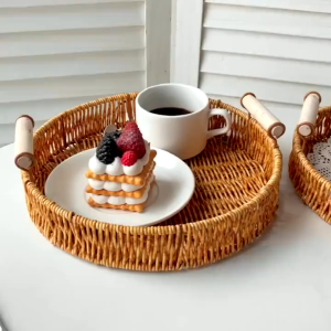 1 PC Handmade Woven Round Bread Fruit Storage Basket Wooden Handle Multi Size Household Kitchen Food Tray