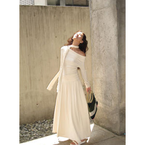 Váy Dài Xếp Ly Pure Desire Hot Bé Gái Mê Kinh Váy Dài Mùa Xuân Thu Lười Biếng Eo Dài Cho Nữ Váy Midi Cổ Chữ a Dài Tay