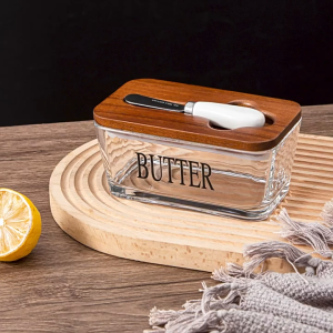 Airtight glass butter dish container with Lid Stainless steel knife Kitchen food and cheese storage