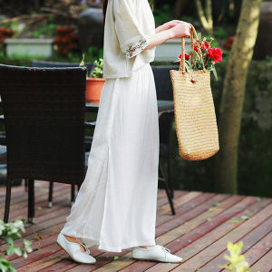 กางเกงขายาวทรงหลวมสำหรับโยคะผ้าฝ้ายลินินสไตล์ญี่ปุ่นสำหรับผู้หญิง กางเกงขายาวลำลองสำหรับเดินทาง ชุดกี่เพ้าสีขาว ชุดชาสำหรับผู้หญิง