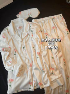 New 2025 Womens Satin Print Sleepwear Long Sleeve Pants Luxurious Home Clothes Gift Box Set Autumn Spring V-neck Ice Silk