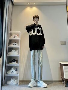 Retro American High Street Mens Jeans with Sashes Casual Straight Loose Long Trousers Trendy Youth Autumn Spring Fashion