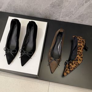 Velvet High Heels Spring New Korean Style Leopard Print Bow Knot Pointed Toe mid Heel Slip-On Fashion Single Shoes for Women
