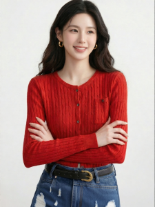 Vintage French Red Ribs Knit Cardigan Slim Fitting