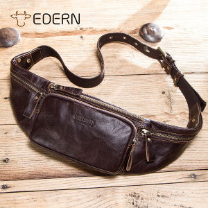 EDERN Genuine Leather Mens Waist Bag Retro Cowhide Belt Bag Sports Fanny Pack Cellphone Waist Pack Fashion Casual Sling Bag for Men