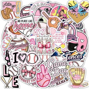 50 PCS Pink Baseball Sports Graffiti Stickers Pack Vinyl Student Stickers Decorate Skateboard Computer Helmet Scrapbook Decals