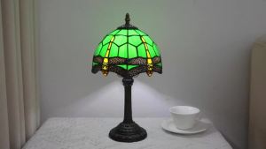 Tiffany Style 8 Inch Stained Glass Green Dragonfly Small Bedside Lamp Reading Antique Desk Light Living Room Office Vintage Art