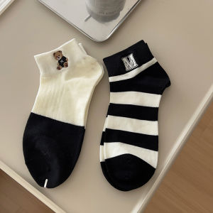 Womens Low Cut Pure Cotton Thin Socks Summer No Slip Cute Stripes Korean Style Student White Socks Breathable Moisture Wicking