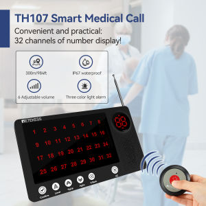 Retekess Nurse Call System TH107 Host Receiver With 10 TH009 IP67 Waterproof Timeout Alert 32 Call Records One-Key Call button for HospitaClinicNursing Home