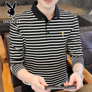 Playboy Stripes Long Sleeves T-Shirt Men Spring & Fall Bottoming Shirt Outwear Lapel Casual Easy Matching Clothes Mens Clothing