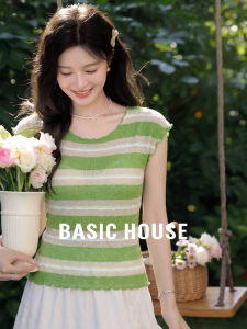 Basic House | Color-blocked Stripe Crew Neck Short Sleeve Knitted Top