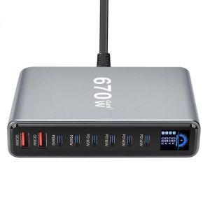 670W GaN Desktop Charger W/ Display 140W USB-C & 8-Port for Phones/Tablets