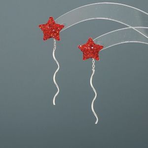 ต่างหูเงินแท้ S925 ทรงยาวคล้ายกิ่งไม้กางเขนสีแดง ประดับดาว ต่างหูแฟชั่นสำหรับผู้หญิง วัสดุอื่นๆ ไม่มี