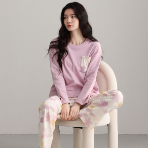 MiiOW | ชุดนอนผู้หญิงผ้าฝ้ายแท้แขนยาวหลวมๆ ฤดูใบไม้ผลิและฤดูใบไม้ร่วง มีแผ่นเสริมหน้าอก ชุดอยู่บ้านแบบลำลอง 2025 ใหม่