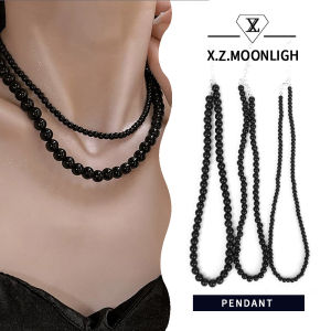 X.z. MOONLIGH ลูกปัดเกาหลีแบบใหม่สร้อยคออเนกประสงค์ลูกปัดกลมอาเกทดำธรรมชาติ