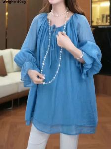 SHUAIYUE | French Retro Blue Ruffle Mid-Length Shirt