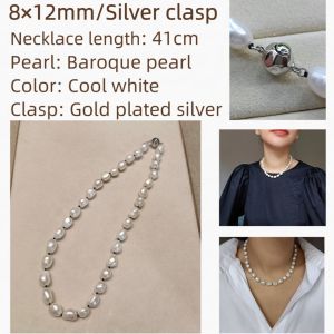 DaVee | High grade natural pearl baroque necklace silver clasp gold plated bright white baroque pearl necklace