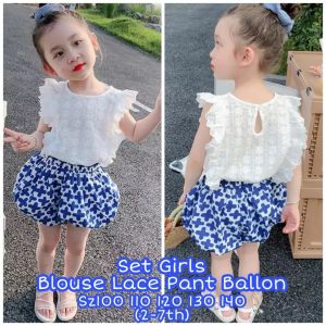 SETELAN ANAK PEREMPUAN IMPORT KOREAN STYLE 2IN1 BLOUSE KATUN LACE CELANA BALON
