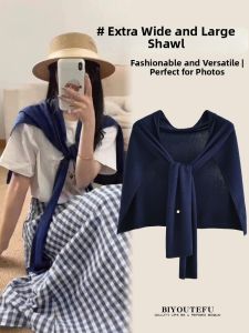 BIYOUTEFU | Navy New Plus Size Layered Shoulder Protection Knit Poncho