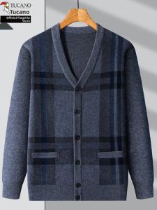 TUCANO | Mens Spring Plus Velvet Checkered Knit Cardigan