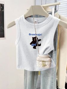 Light Grey Cat Print Pure Cotton Sleeveless Slim Fit Vest Womens Summer Dopaamine Short Top Fashionable Casual round Neck