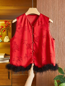 New Chinese Style Embroidered Patchwork Ostrich Feather Womens Vest Short Satin Finish Single Button Design Spring Outerwear