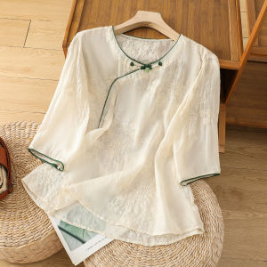Elegant Embroidered Cotton Linen Shirt Womens Summer Slim Fit Overhead Tea Costume Top Chinese Style round Neck Seven Sleeve