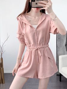 Womens Casual Loose One-Piece Spring 2025 Fashion Workwear Set Short Pants High Waist Polyester Blend Wide Leg Pants