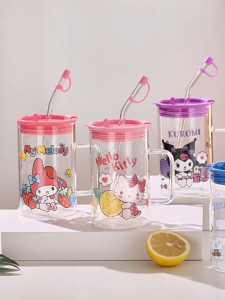 Hellokitty Straw Glass Cup Girls High-Value Office Cup Household Large-Capacity Water Cup with Scale