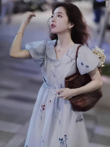 Blue Floral Print Womens Dress French Tea Break Style Waist-Cinching High Waist Commute Fashion Mid-Length A-Line Skirt