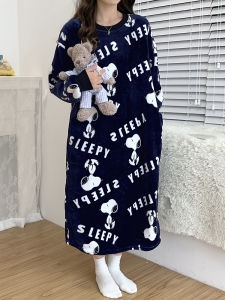 plus Size Sleep Dress Womens 300 Pounds Autumn Winter Flannel Cute Cartoon Snoopy Coral Fleece Loose Comfortable Home Clothes