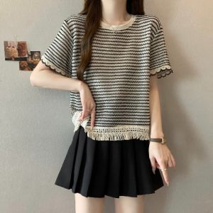 Slimming Stripe Ice Silk T-Shirt Women Summer Large Size Flowing Trim Top Trendy Korean Style round Neck Short Sleeve Tee