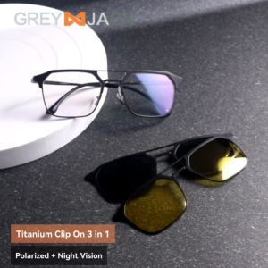 Grey Jack Kacamata Clip On Polarized Anti UV Night Vision Titanium Model Kotak Aviator Free 2 Lens Multifungsi Bisa Minus Antiradiasi 60038
