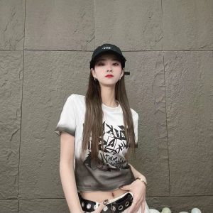 Plus Size American Style Gradient Color Letter Print Short Sleeve T-Shirt for Women Summer Slim Fit Slimming Regular Sleeve Crewneck Top